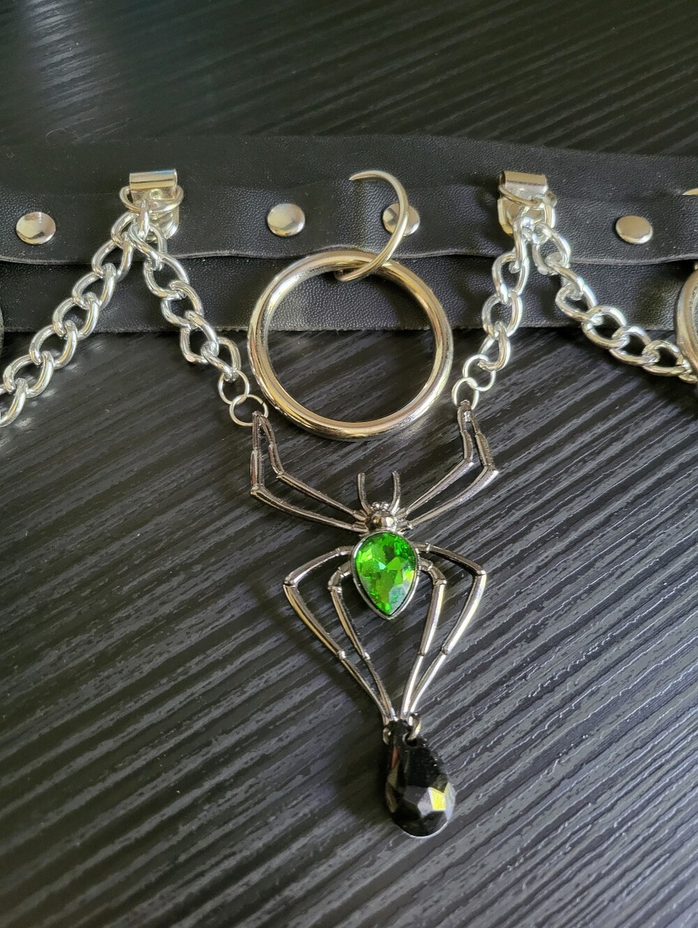 Silver Spider Necklace with Green Teardrop Gem